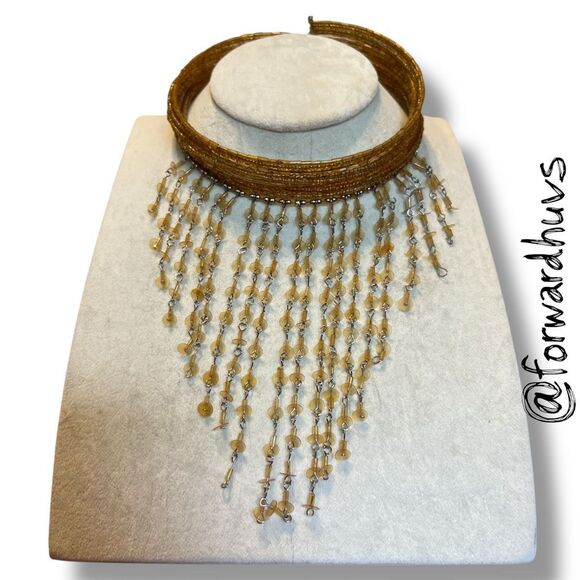 Statement Cuff Necklace & Bracelet Set – Gold Tone Beaded Fringe - Picture 4 of 11